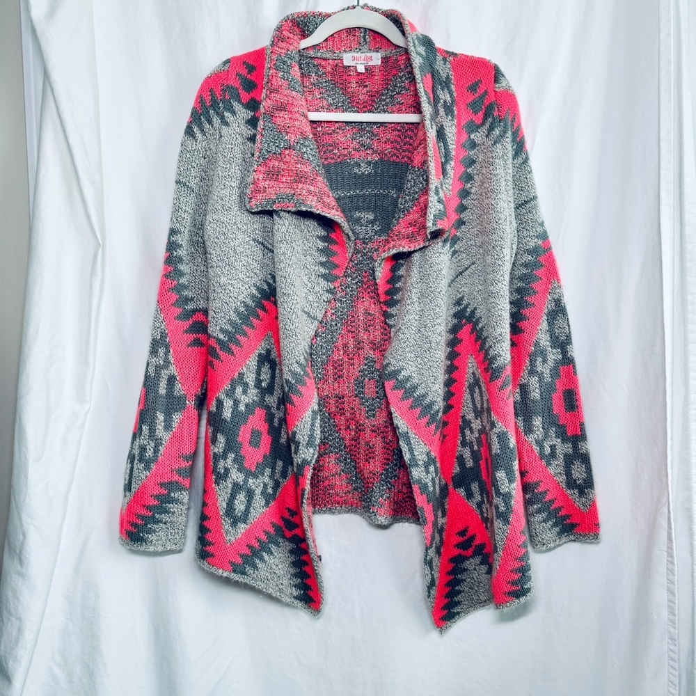 Hit List Open Front Cardigan Tribal Southwestern Chunky Knit Gray Pink Sz Small